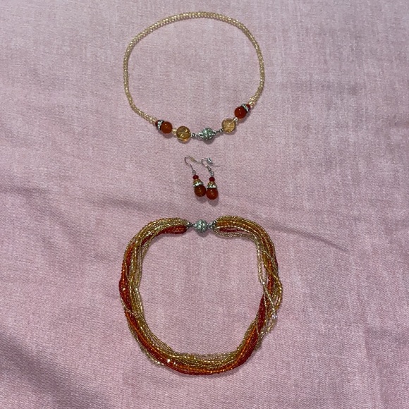 Red Orange Gold Two in One Necklace with Earrings - Picture 2 of 5